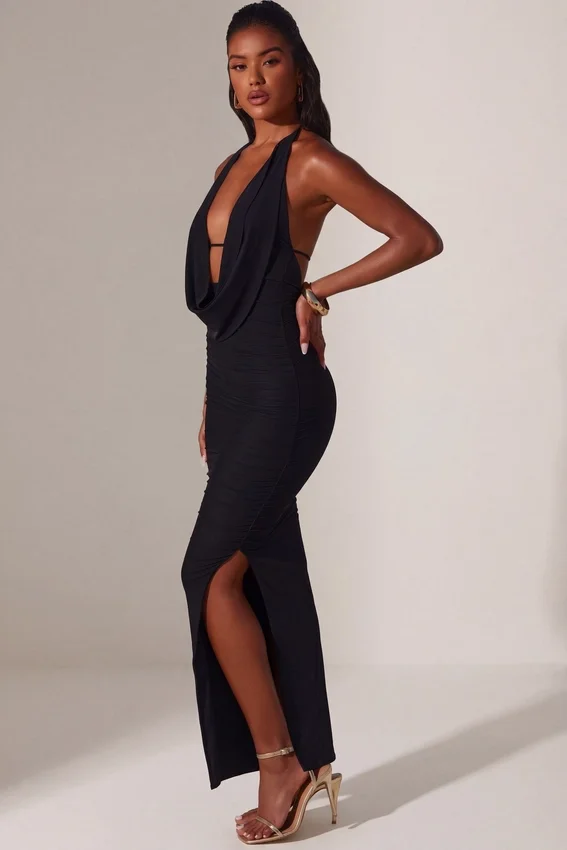 Mariposa Plunge Cowl Neck Floor Length Dress in Black Mariposa Plunge Cowl Neck Floor Length Dress in Black