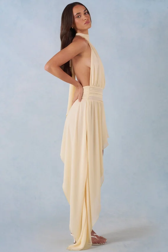 Mariselle Halterneck Asymmetric Maxi Dress in Butter Yellow Mariselle Halterneck Asymmetric Maxi Dress in Butter Yellow