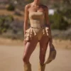 Marivelle Ruffled Lace-Up Corset Playsuit in Tan Marivelle Ruffled Lace-Up Corset Playsuit in Tan