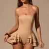 Marivelle Ruffled Lace-Up Corset Playsuit in Tan Marivelle Ruffled Lace-Up Corset Playsuit in Tan