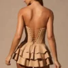 Marivelle Ruffled Lace-Up Corset Playsuit in Tan Marivelle Ruffled Lace-Up Corset Playsuit in Tan