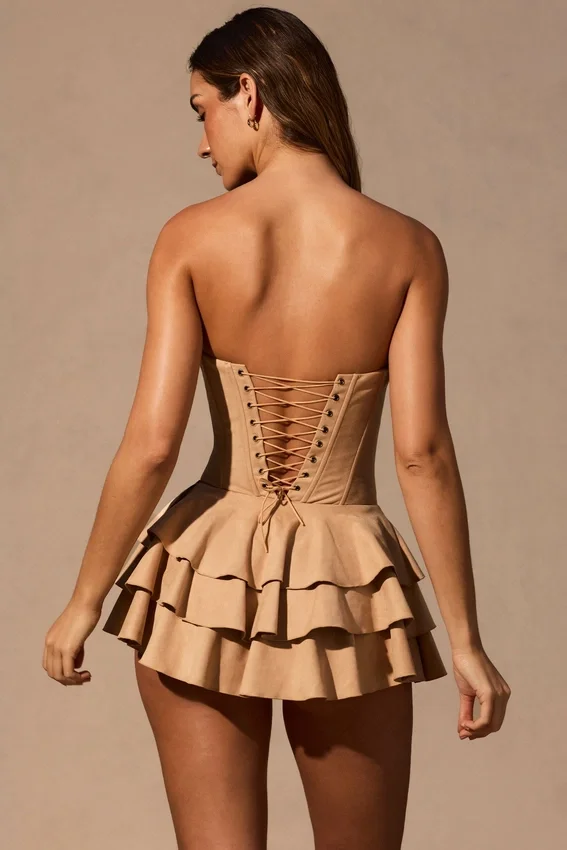 Marivelle Ruffled Lace-Up Corset Playsuit in Tan Marivelle Ruffled Lace-Up Corset Playsuit in Tan