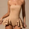 Marivelle Ruffled Lace-Up Corset Playsuit in Tan Marivelle Ruffled Lace-Up Corset Playsuit in Tan