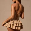 Marivelle Ruffled Lace-Up Corset Playsuit in Tan Marivelle Ruffled Lace-Up Corset Playsuit in Tan