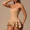 Marivelle Ruffled Lace-Up Corset Playsuit in Tan Marivelle Ruffled Lace-Up Corset Playsuit in Tan