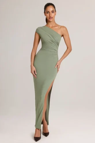 Maude Modal Asymmetric Ruched Maxi Dress in Sage Green Maude Modal Asymmetric Ruched Maxi Dress in Sage Green