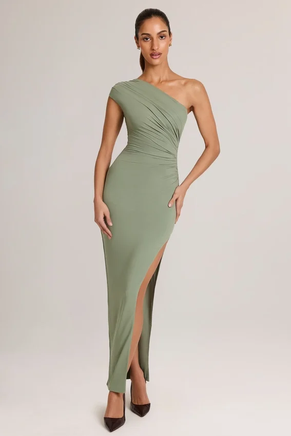 Maude Modal Asymmetric Ruched Maxi Dress in Sage Green Maude Modal Asymmetric Ruched Maxi Dress in Sage Green