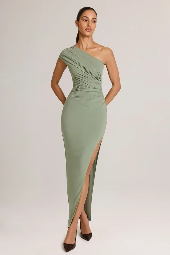 Maude Modal Asymmetric Ruched Maxi Dress in Sage Green Maude Modal Asymmetric Ruched Maxi Dress in Sage Green