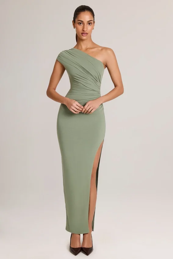 Maude Modal Asymmetric Ruched Maxi Dress in Sage Green Maude Modal Asymmetric Ruched Maxi Dress in Sage Green