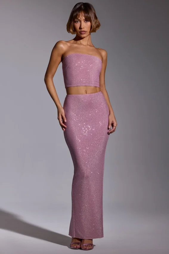 Odetta Embellished Strapless Crop Top in Light Pink Odetta Embellished Strapless Crop Top in Light Pink