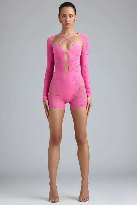 Melody Embellished Cut-Out Unitard in Bubblegum Pink Melody Embellished Cut-Out Unitard in Bubblegum Pink