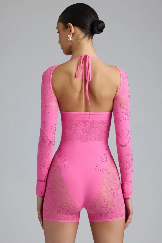 Melody Embellished Cut-Out Unitard in Bubblegum Pink Melody Embellished Cut-Out Unitard in Bubblegum Pink