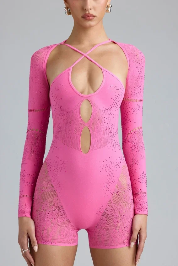 Melody Embellished Cut-Out Unitard in Bubblegum Pink Melody Embellished Cut-Out Unitard in Bubblegum Pink