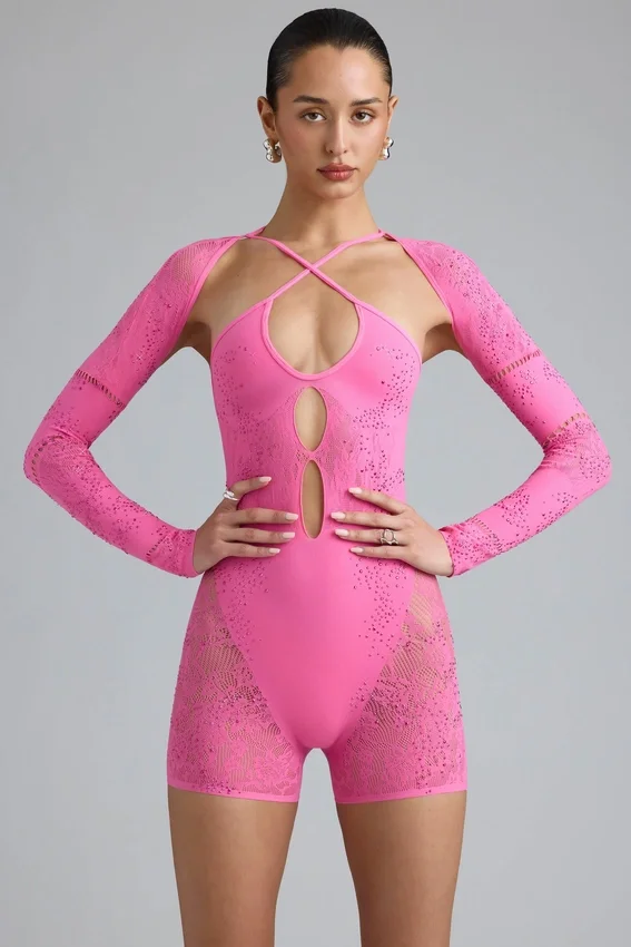 Melody Embellished Cut-Out Unitard in Bubblegum Pink Melody Embellished Cut-Out Unitard in Bubblegum Pink
