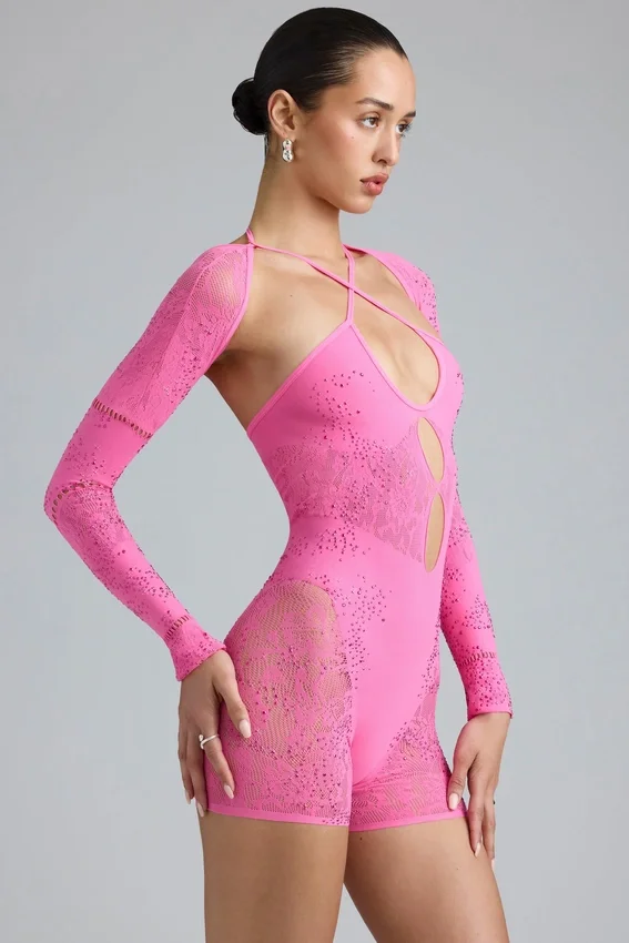 Melody Embellished Cut-Out Unitard in Bubblegum Pink Melody Embellished Cut-Out Unitard in Bubblegum Pink