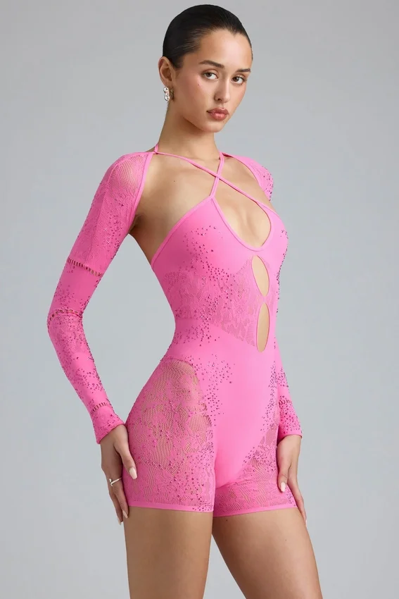 Melody Embellished Cut-Out Unitard in Bubblegum Pink Melody Embellished Cut-Out Unitard in Bubblegum Pink