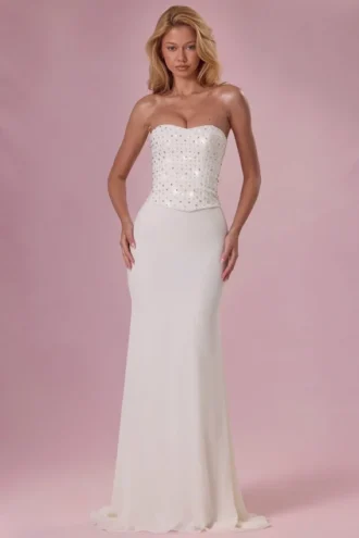 Melora Embellished Corset Strapless Gown in Ivory