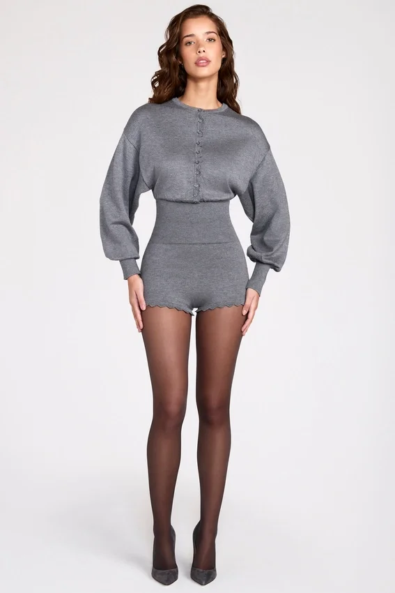 Moya Fine-Knit Long-Sleeve Romper in Grey Moya Fine-Knit Long-Sleeve Romper in Grey