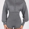 Moya Fine-Knit Long-Sleeve Romper in Grey Moya Fine-Knit Long-Sleeve Romper in Grey