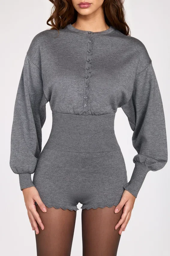 Moya Fine-Knit Long-Sleeve Romper in Grey Moya Fine-Knit Long-Sleeve Romper in Grey