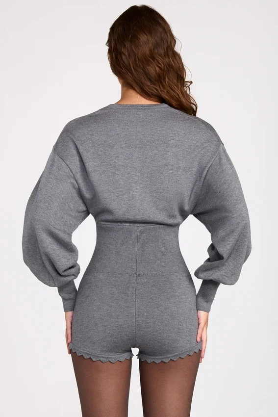 Moya Fine-Knit Long-Sleeve Romper in Grey Moya Fine-Knit Long-Sleeve Romper in Grey