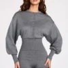 Moya Fine-Knit Long-Sleeve Romper in Grey Moya Fine-Knit Long-Sleeve Romper in Grey