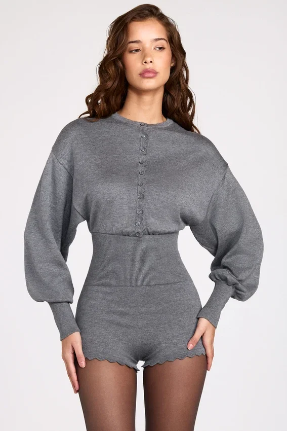 Moya Fine-Knit Long-Sleeve Romper in Grey Moya Fine-Knit Long-Sleeve Romper in Grey