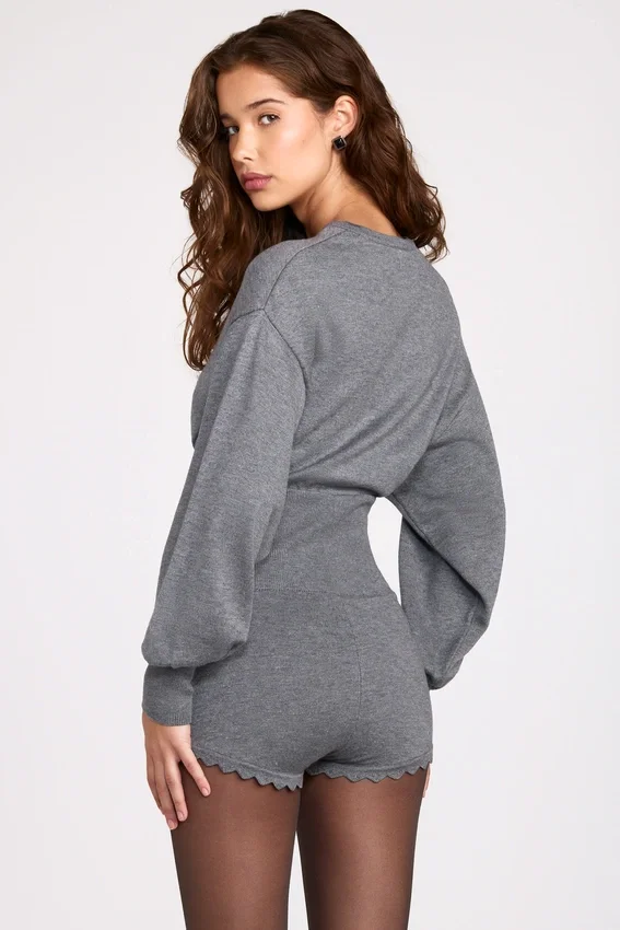 Moya Fine-Knit Long-Sleeve Romper in Grey Moya Fine-Knit Long-Sleeve Romper in Grey