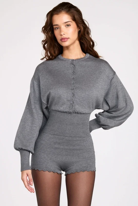 Moya Fine-Knit Long-Sleeve Romper in Grey Moya Fine-Knit Long-Sleeve Romper in Grey