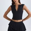 Nada Layered Pleated Low-Rise Mini Skirt in Black