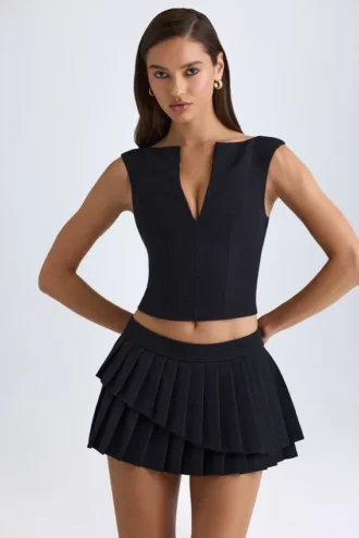 Nada Layered Pleated Low-Rise Mini Skirt in Black