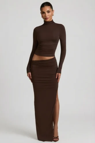 Nadina Modal Asymmetric-Waist Maxi Skirt in Chocolate Brown Nadina Modal Asymmetric-Waist Maxi Skirt in Chocolate Brown