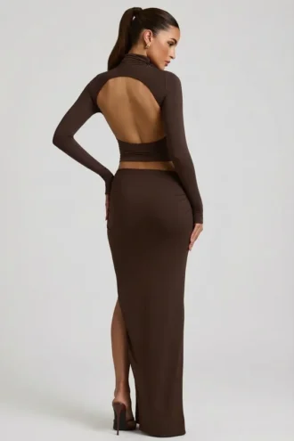 Nadina Modal Asymmetric-Waist Maxi Skirt in Chocolate Brown Nadina Modal Asymmetric-Waist Maxi Skirt in Chocolate Brown