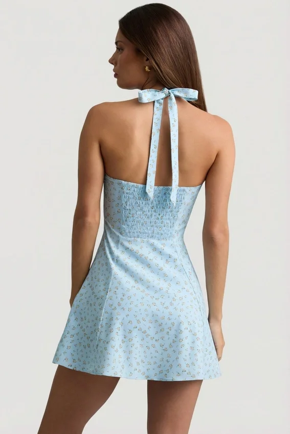 Nerine Halterneck A-Line Mini Dress in Blue Flower Print Nerine Halterneck A-Line Mini Dress in Blue Flower Print