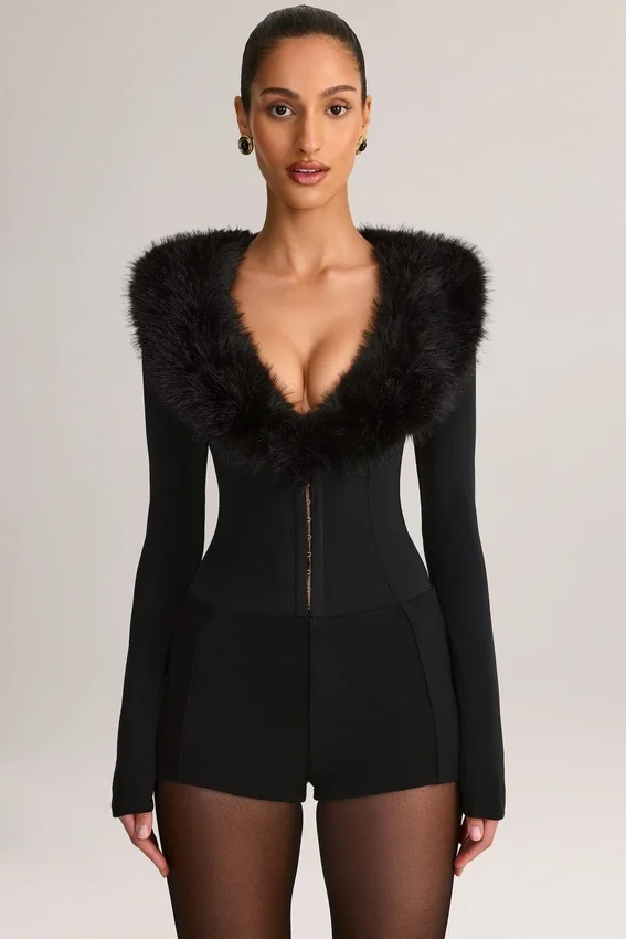 Nesta Faux Fur-Trim Corset Playsuit in Black Nesta Faux Fur-Trim Corset Playsuit in Black