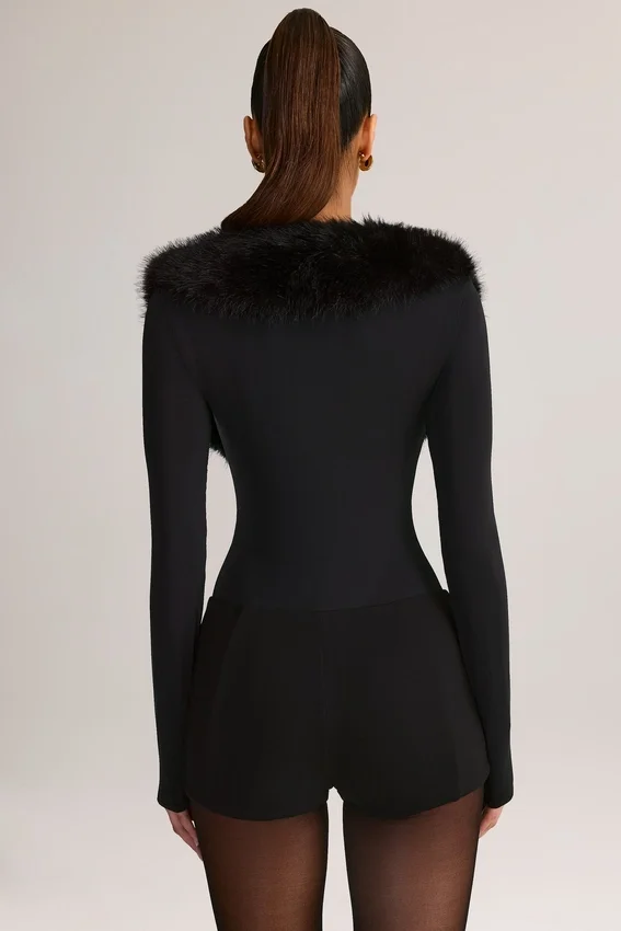 Nesta Faux Fur-Trim Corset Playsuit in Black Nesta Faux Fur-Trim Corset Playsuit in Black