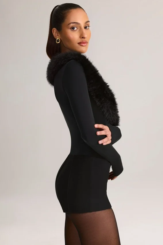Nesta Faux Fur-Trim Corset Playsuit in Black Nesta Faux Fur-Trim Corset Playsuit in Black