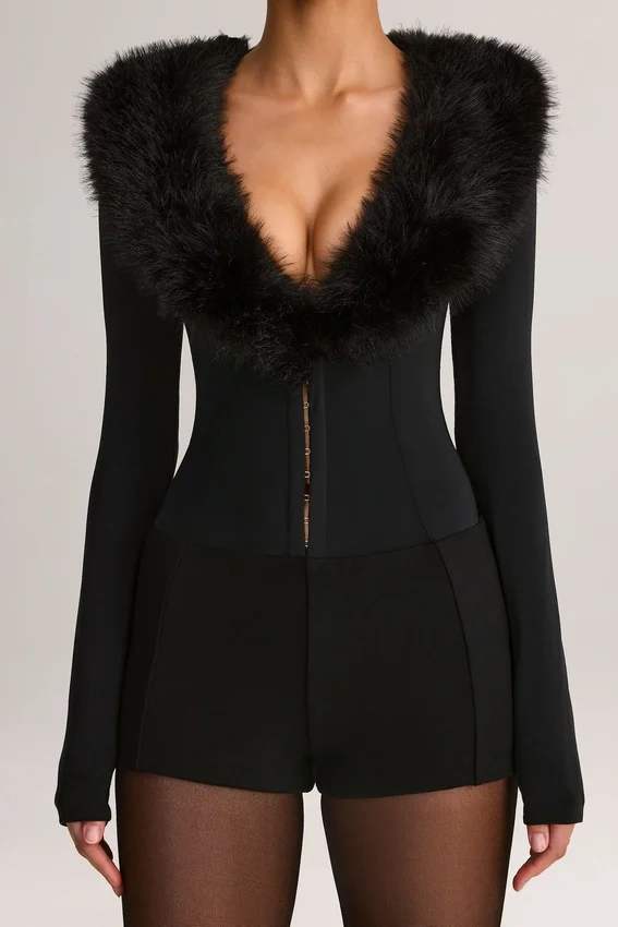 Nesta Faux Fur-Trim Corset Playsuit in Black Nesta Faux Fur-Trim Corset Playsuit in Black