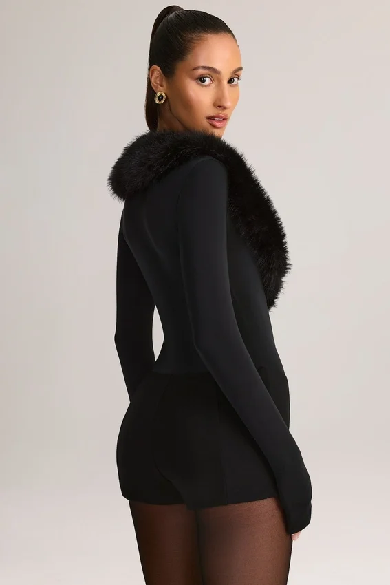 Nesta Faux Fur-Trim Corset Playsuit in Black Nesta Faux Fur-Trim Corset Playsuit in Black