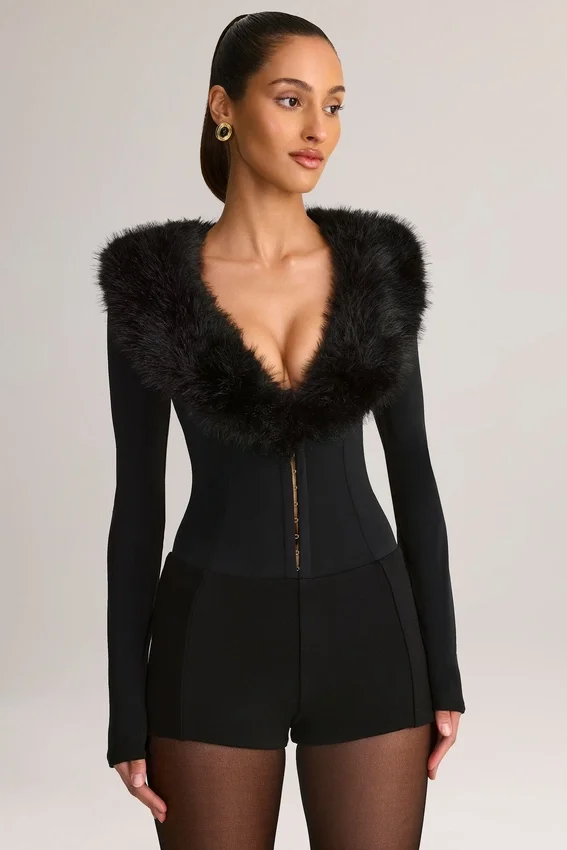 Nesta Faux Fur-Trim Corset Playsuit in Black Nesta Faux Fur-Trim Corset Playsuit in Black