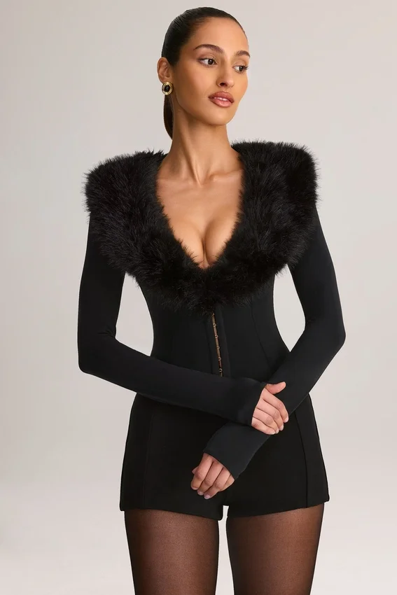 Nesta Faux Fur-Trim Corset Playsuit in Black Nesta Faux Fur-Trim Corset Playsuit in Black