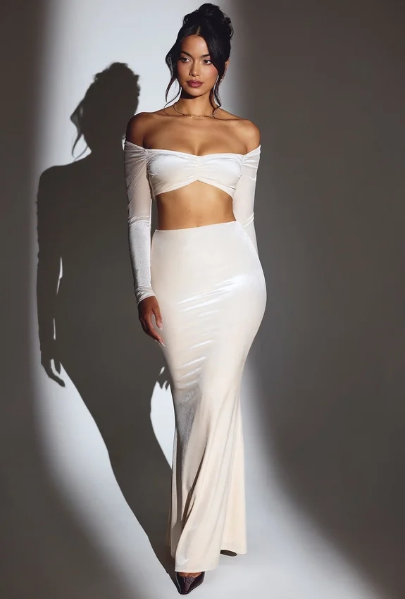 Adele Velvet Off-Shoulder Ruched Crop Top in Ivory Adele Velvet Off-Shoulder Ruched Crop Top in Ivory
