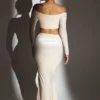 Adele Velvet Off-Shoulder Ruched Crop Top in Ivory Adele Velvet Off-Shoulder Ruched Crop Top in Ivory
