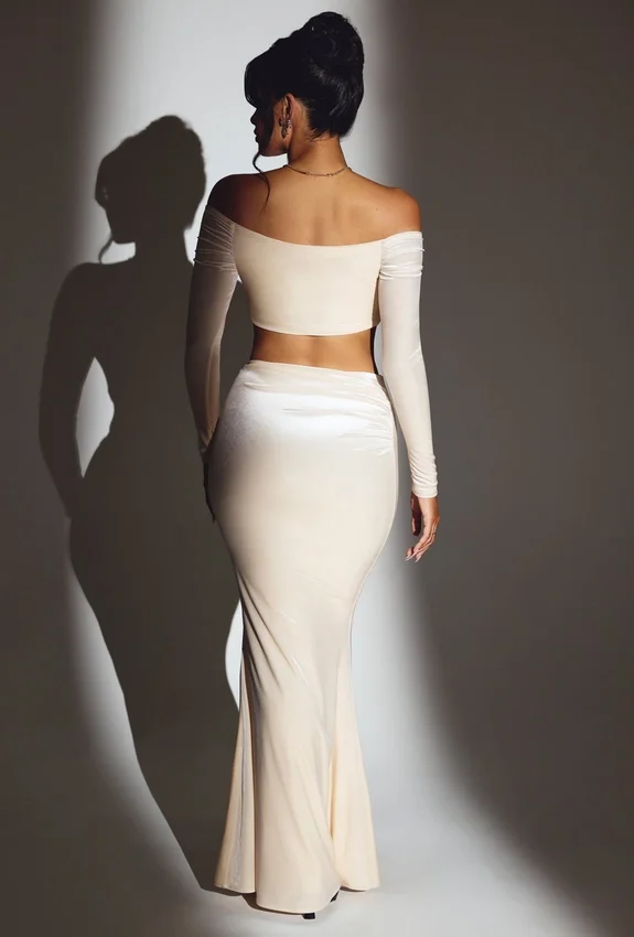 Adele Velvet Off-Shoulder Ruched Crop Top in Ivory Adele Velvet Off-Shoulder Ruched Crop Top in Ivory