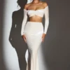 Adele Velvet Off-Shoulder Ruched Crop Top in Ivory Adele Velvet Off-Shoulder Ruched Crop Top in Ivory