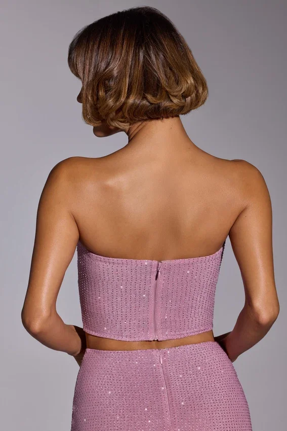 Odetta Embellished Strapless Crop Top in Light Pink Odetta Embellished Strapless Crop Top in Light Pink