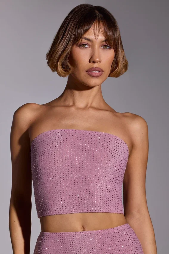 Odetta Embellished Strapless Crop Top in Light Pink Odetta Embellished Strapless Crop Top in Light Pink