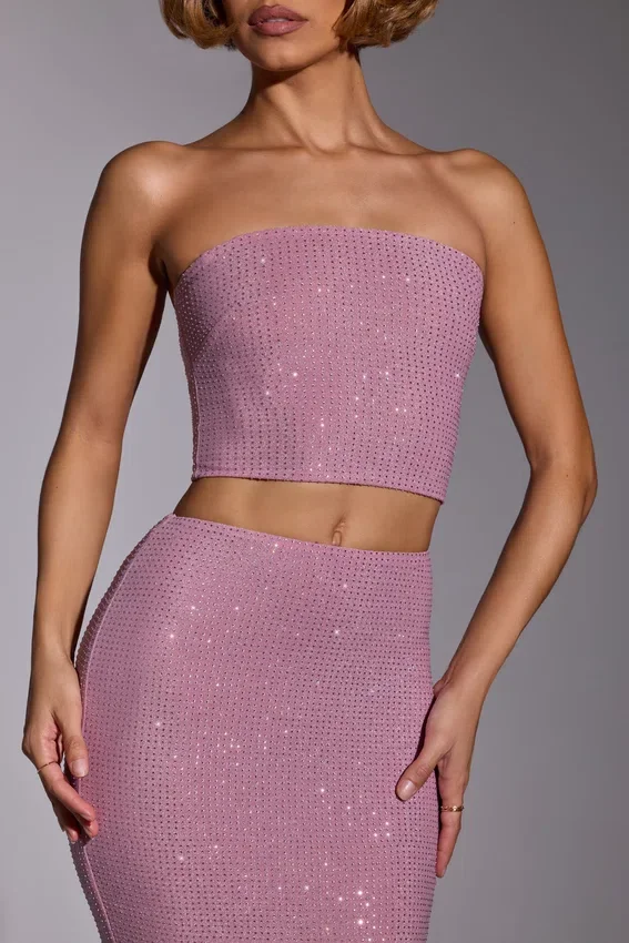 Odetta Embellished Strapless Crop Top in Light Pink Odetta Embellished Strapless Crop Top in Light Pink