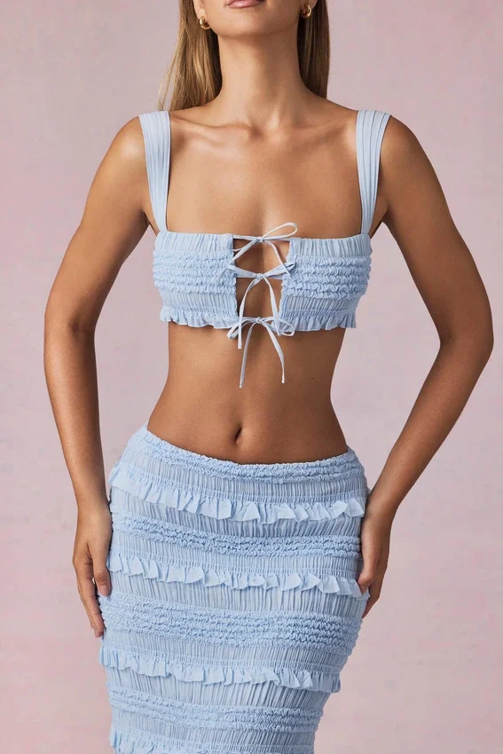 Ottilie Ruffle Tie-Front Crop Top in Powder Blue Ottilie Ruffle Tie-Front Crop Top in Powder Blue