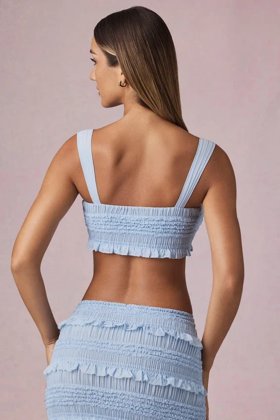 Ottilie Ruffle Tie-Front Crop Top in Powder Blue Ottilie Ruffle Tie-Front Crop Top in Powder Blue